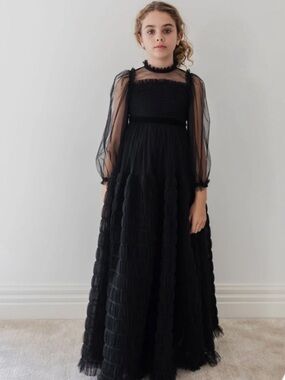 Elegant Black Tulle Maxi Dress with Sheer Long Sleeves